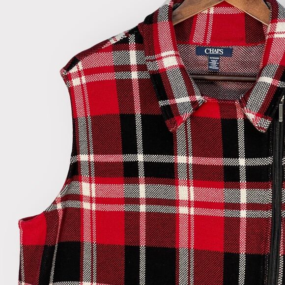 Chaps Full Zip Vest Women 1X Red Plaid Sleeveless Collared 100% Cotton AA66 - Picture 5 of 8